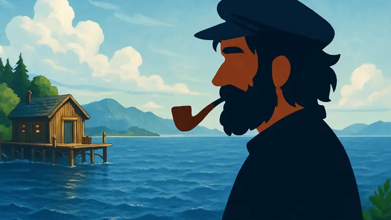 Изображение Вилли, рыбака из игры Stardew Valley, на фоне моря.
