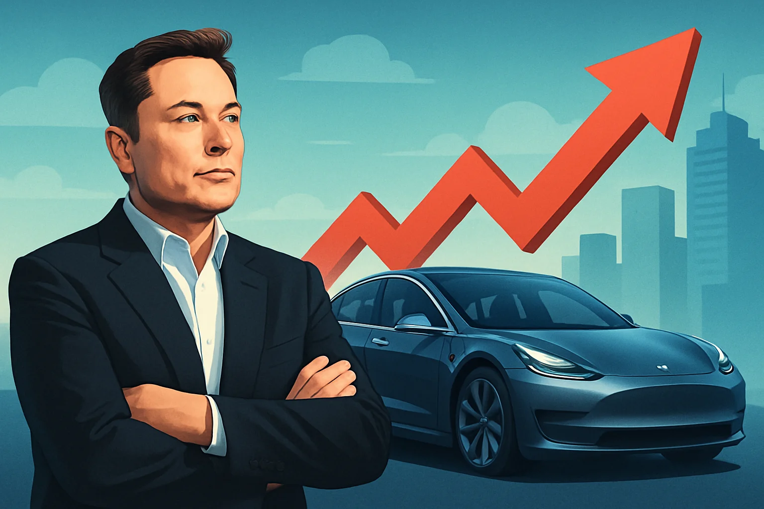 Илон Маск рядом с автомобилем Tesla, символизирующим рост стоимости подписки на FSD.