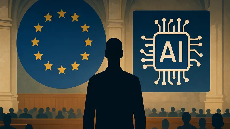 Логотип Европейского Союза и символика ИИ, отражающие регулирование и Закон ЕС об ИИ