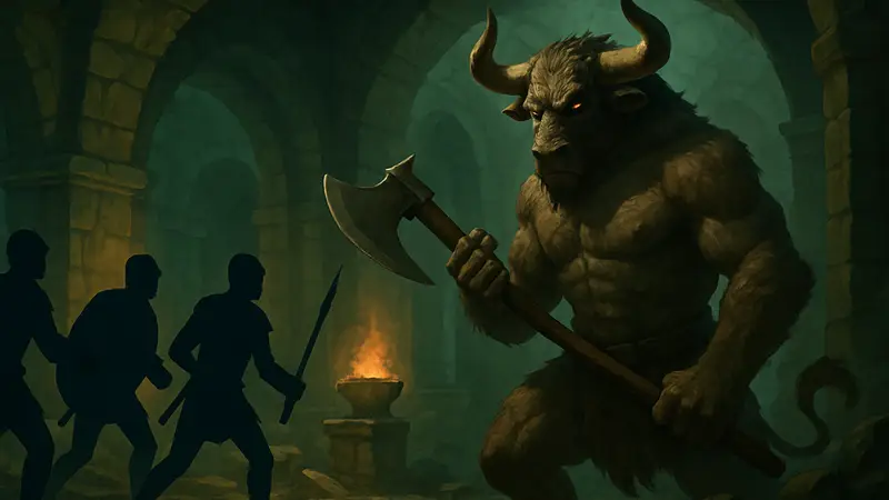 Минотавр защищает свое логово от вторгшихся людей в стратегической игре-рогалике MINOS.