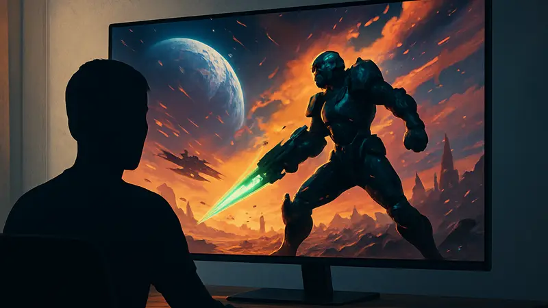 Яркий OLED-монитор с динамичным игровым изображением, демонстрирующий высокое качество картинки.