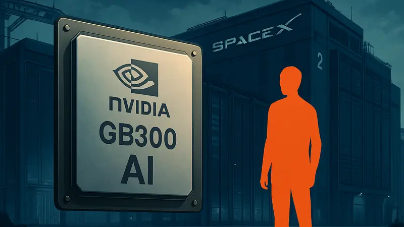 Изображение чипа Nvidia GB300 на фоне дата-центра SpaceX Colossus 2, символизирующее сделку по ИИ.