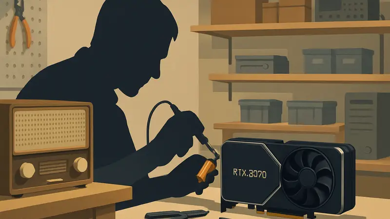 Отец ремонтирует видеокарту RTX 3070, используя детали от старого радио