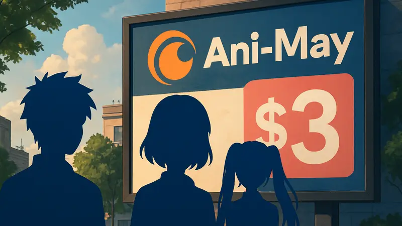 Логотип Crunchyroll и акция Ani-May с предложением скидки на подписку Mega Fan