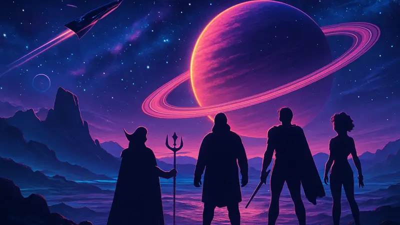 Обложка Kickstarter D&D проекта "Неоновая Космическая Опера" в стиле 80-х с космическим пейзажем.