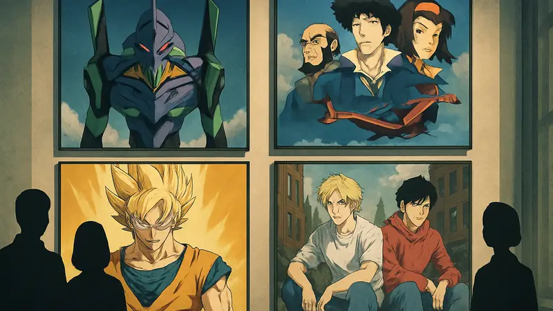 Подборка постеров лучших аниме-сериалов 90-х годов, включая Евангелион и Ковбой Бибоп.