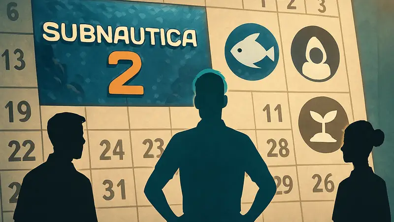 Логотип игры Subnautica 2 и других инди-проектов на фоне даты релиза.