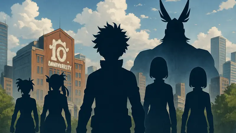 Постер My Hero Academia с главными героями и надписью «10 Year Anniversary»