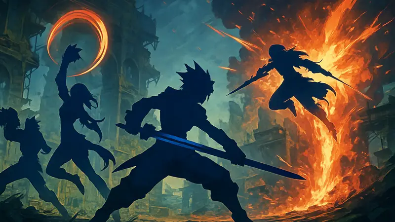 Игровой арт с персонажами BlazBlue Entropy Effect X в динамичной позе с яркими эффектами