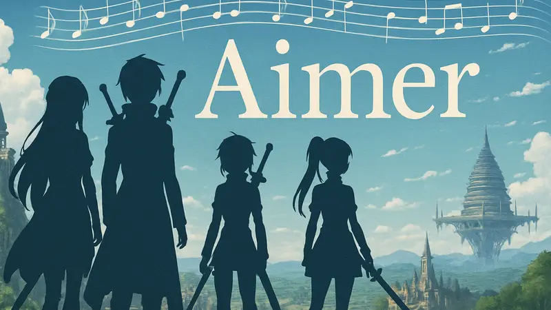 Аниме-персонажи из Sword Art Online Echoes of Aincrad на фоне логотипа Aimer и музыкальных нот.