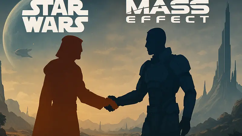 Логотипы Star Wars и Mass Effect, символизирующие слияние творческих команд