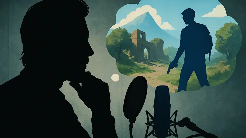 Трой Бейкер, актёр озвучивания, на фоне микрофона, мечтающий создать видеоигру