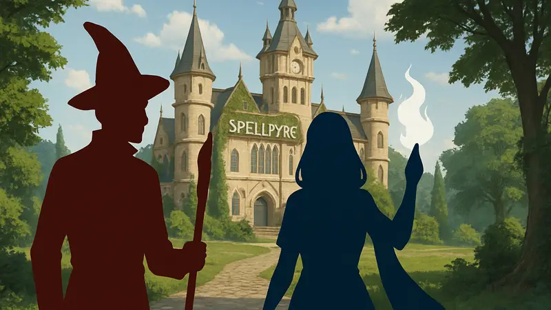 Обложка игры Love and Magic: Spellfyre с магом и волшебницей на фоне школы Элдервуд, обложка игры.