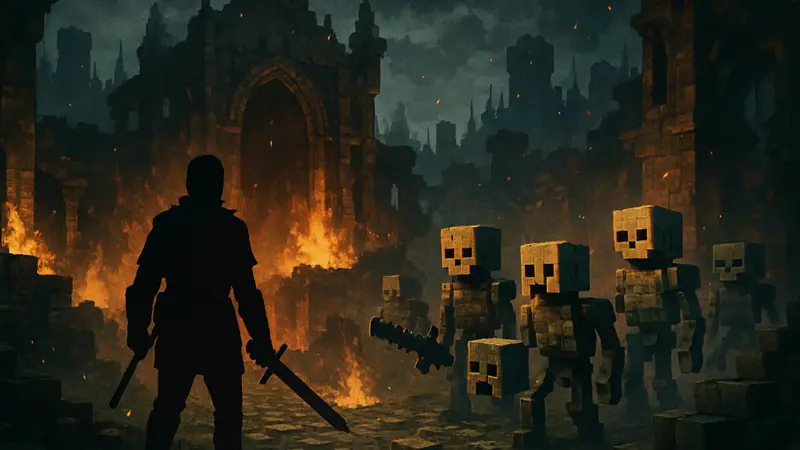 Игровой скриншот Darkhaven с элементом некрополя и костяными миньонами, смесь Diablo и Minecraft