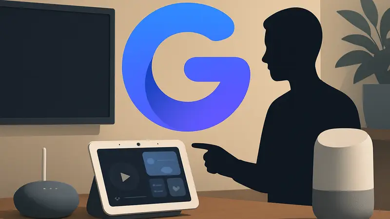 Логотип Google Gemini AI на фоне устройств умного дома Google Home