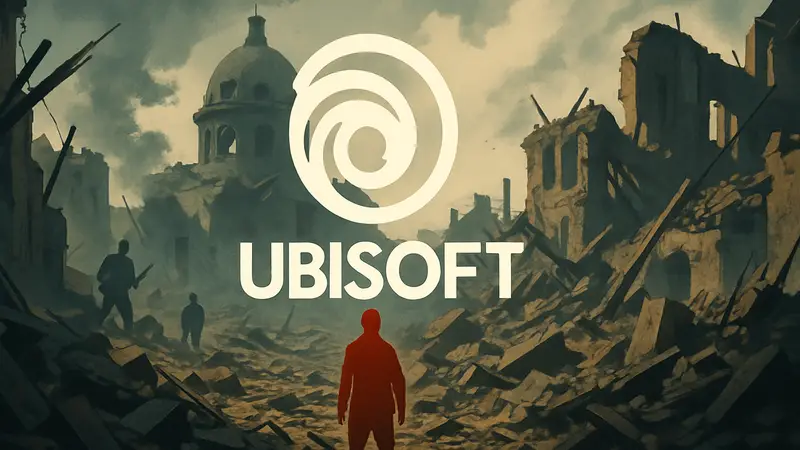 Логотип Ubisoft на фоне разрушенных игровых проектов, символизирующий отмену игр