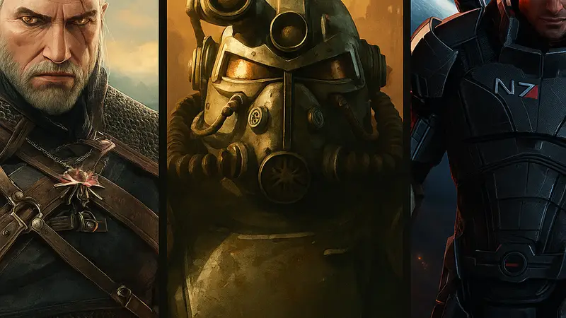 Обложки или коллаж из скриншотов лучших западных ролевых игр: The Witcher, Fallout, Mass Effect.
