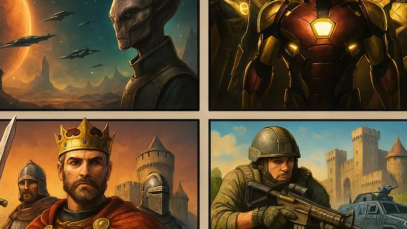 Обложки лучших стратегическ их игр 2026 года, включая Stellaris и Marvel's Midnight Suns.