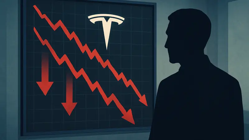 График падения прибыли Tesla в 2025 году, на фоне красных стрелок вниз, символизирующий финансовые потери.