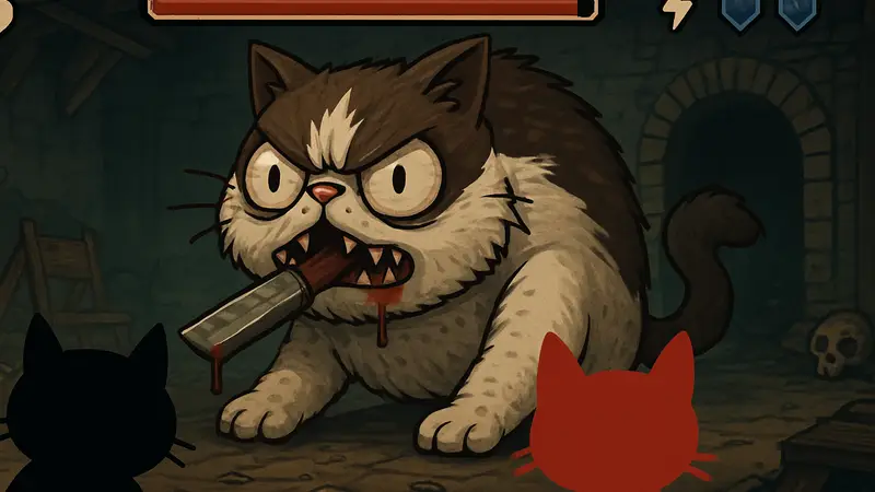 Изображение босса Гильотины из игры Mewgenics с элементами боевого интерфейса.