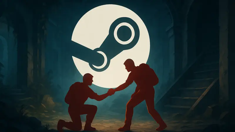Изображение логотипа Steam с элементами кооперативной игры, символизирующее бесплатное предложение для ПК.