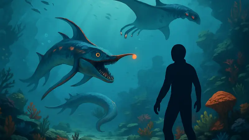 Изображение подводного мира с фантастическими существами из игры Subnautica 2, иллюстрирующее невысокие системные требования.