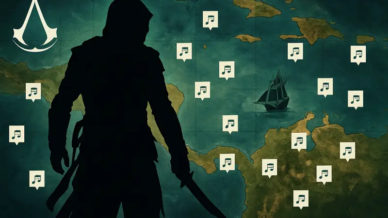 Карта мира Assassin's Creed Black Flag с отмеченными локациями нотных листов морских песен.