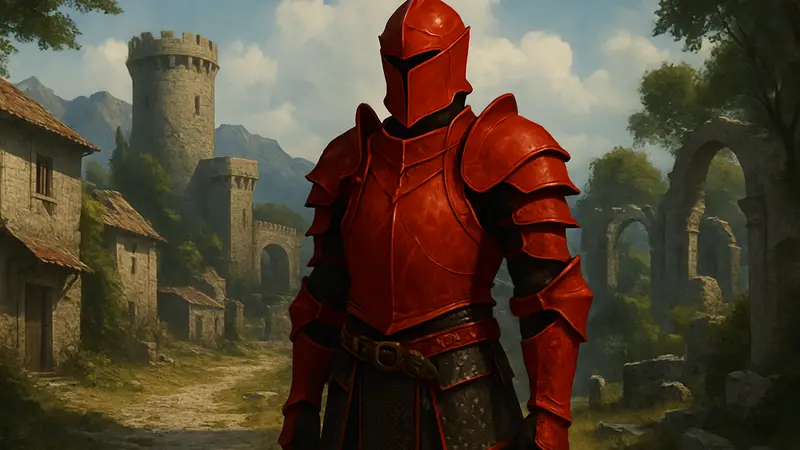 Игровое изображение брони Elegant Carmine из игры Crimson Desert, демонстрирующее её дизайн