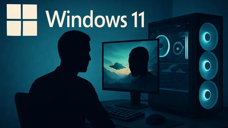 Логотип Windows 11 и Microsoft на фоне игрового компьютера