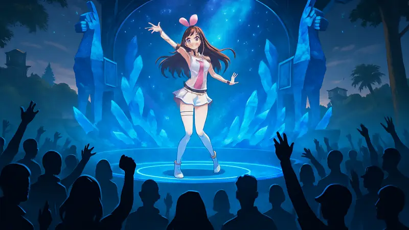 Kizuna AI выступает на виртуальной сцене в игре Fortnite перед толпой игроков.