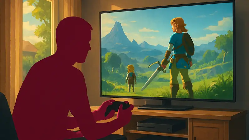 Геймер с контроллером в руках, играющий в видеоигру на выходных.