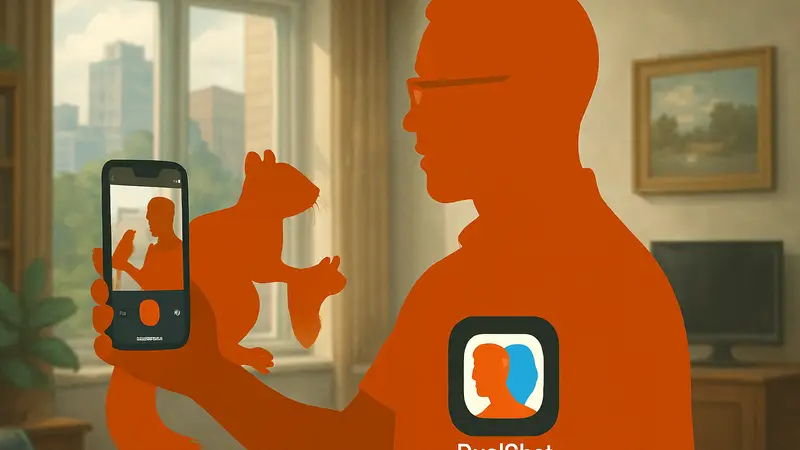 Деррик Дауни-младший, создатель DualShot Recorder, с белкой, демонстрирует приложение для iPhone.