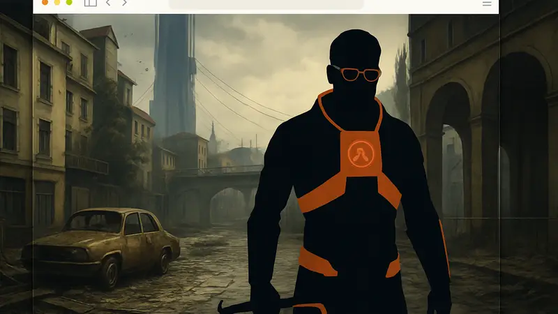 Скриншот геймплея Half-Life 2, запущенной в браузере, с главным героем Гордоном Фрименом.