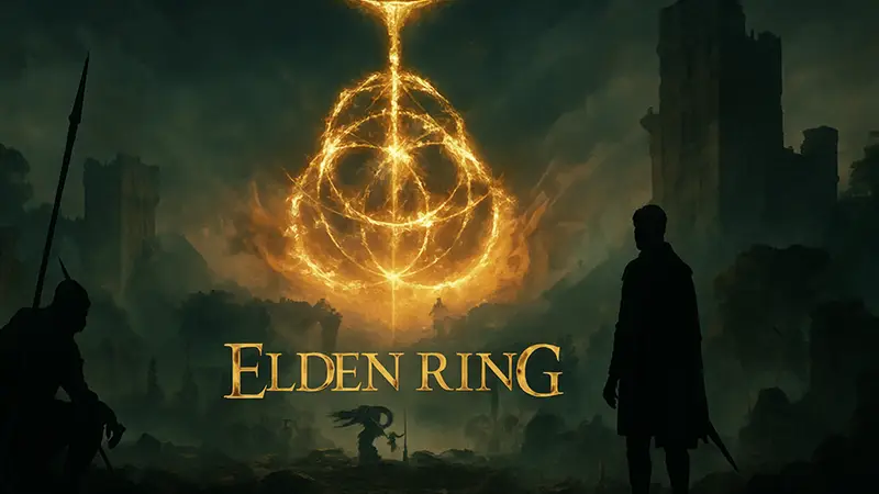 Логотип фильма Elden Ring, стилизованный под игровую вселенную, с указанием студии A24 и режиссера Алекса Гарленда