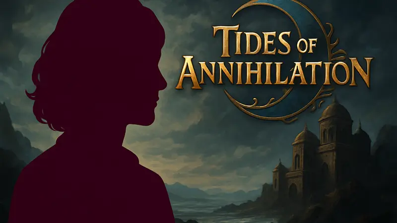 Портрет Дженнифер Инглиш, актрисы из Baldur's Gate 3, на фоне логотипа Tides of Annihilation.