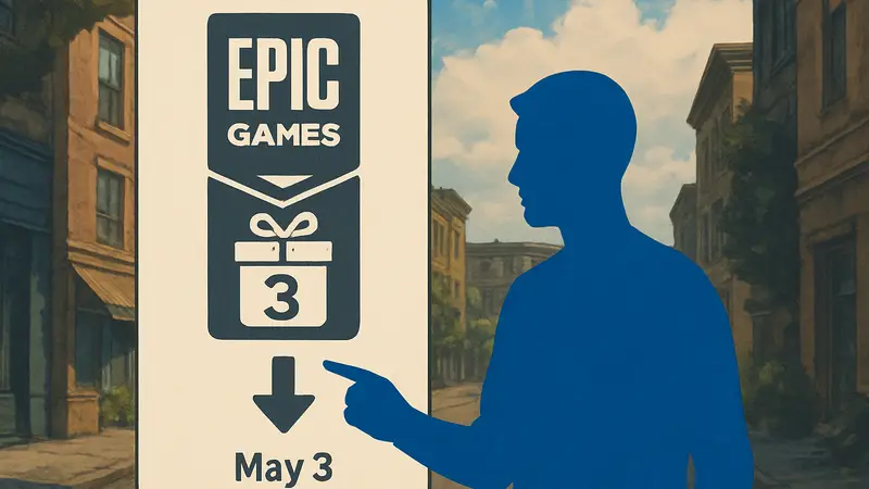 Логотип Epic Games Store с символом бесплатной игры и датой 3 мая 2026 года, приглашающий к загрузке.