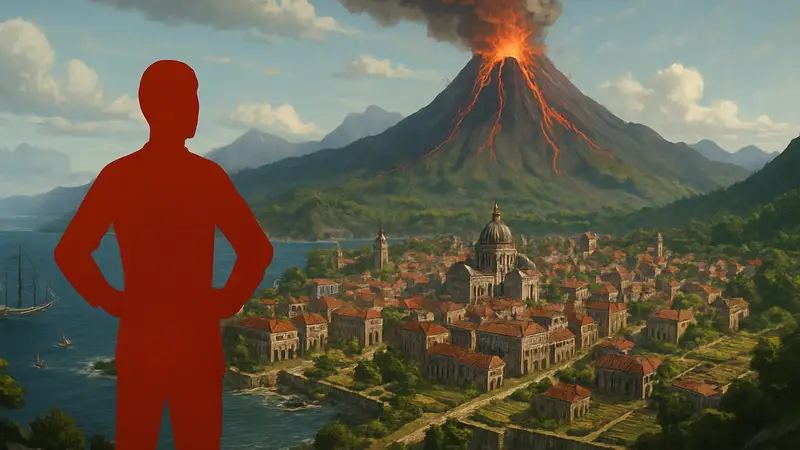 Изображение из Anno 117 с вулканом и развитым городом на острове