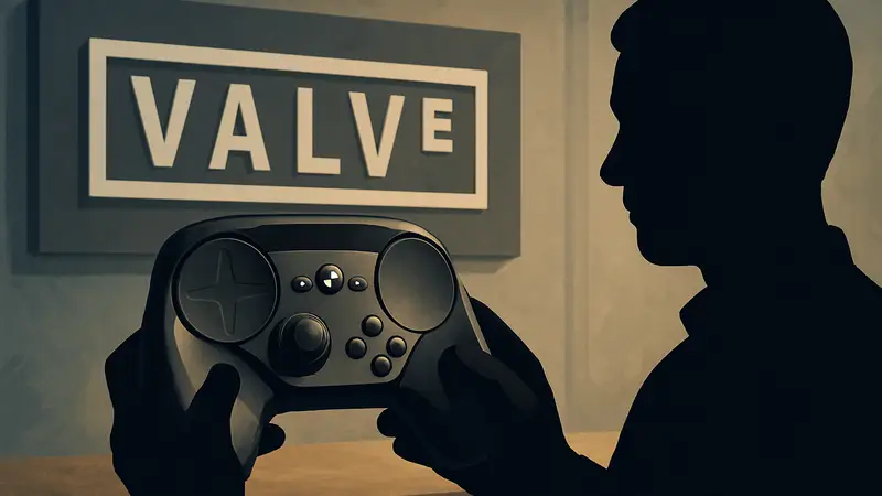 Игровой контроллер Steam Controller в руках, демонстрирующий уникальный дизайн и трекпады, на фоне логотипа Valve