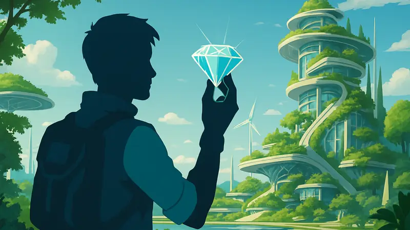 Персонаж Solarpunk держит сверкающий алмаз на фоне футуристического пейзажа, символизирующий ценный ресурс.