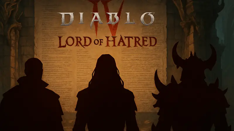 Логотип Diablo 4 Lord of Hatred с фоном патч-ноутов или персонажей игры.