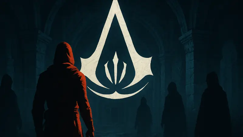 Логотип Assassin’s Creed Invictus на темном фоне с символикой Ассасинов
