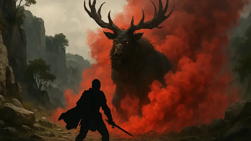 Босс Тарандус из Crimson Desert, окруженный красным дымом, в гайде по прохождению квеста.