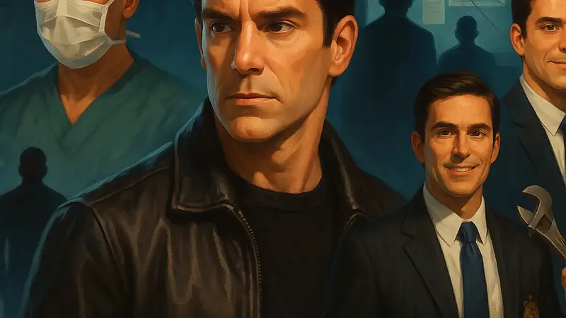 Кадр из сериала The Pretender, главный герой в разных ролях, раскрывающий тёмный заговор.
