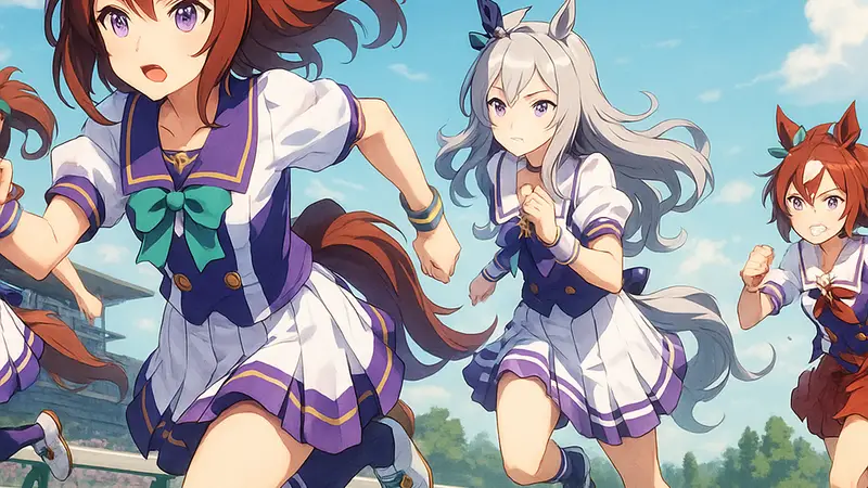 Персонажи аниме Umamusume: Pretty Derby на ипподроме, девочки-лошади в движении.