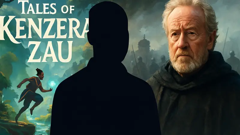 Абайа Омо, директор Tales of Kenzera: Zau, на фоне логотипа игры и кадра из фильма Ридли Скотта.