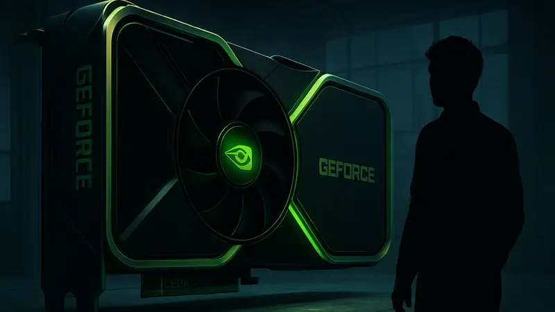 Мощная игровая видеокарта Nvidia GeForce с футуристическим дизайном и подсветкой.