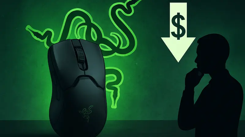 Игровая мышь Razer Viper V3 Pro на фоне логотипа Razer, демонстрирующая снижение цены.