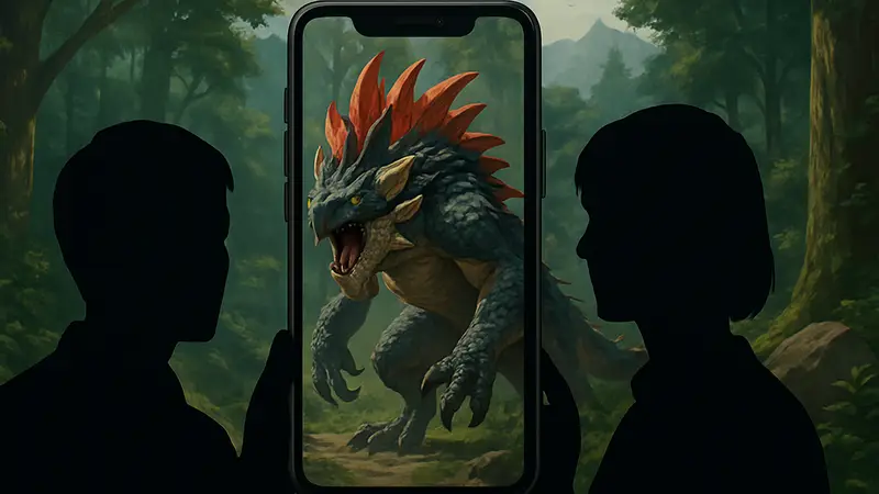 Монстр из Monster Hunter Outlanders, изображённый на экране мобильного телефона