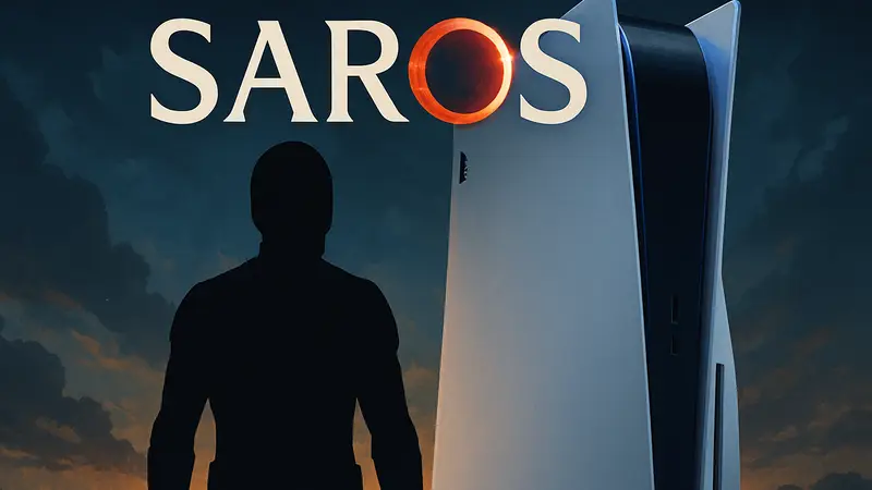 Логотип игры Saros на фоне консоли PlayStation 5, демонстрирующий эксклюзивность и мощность