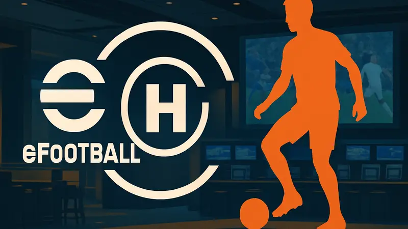 Логотип Hard Rock Bet с изображением киберфутболиста, символизирующего запуск eFootball ставок.